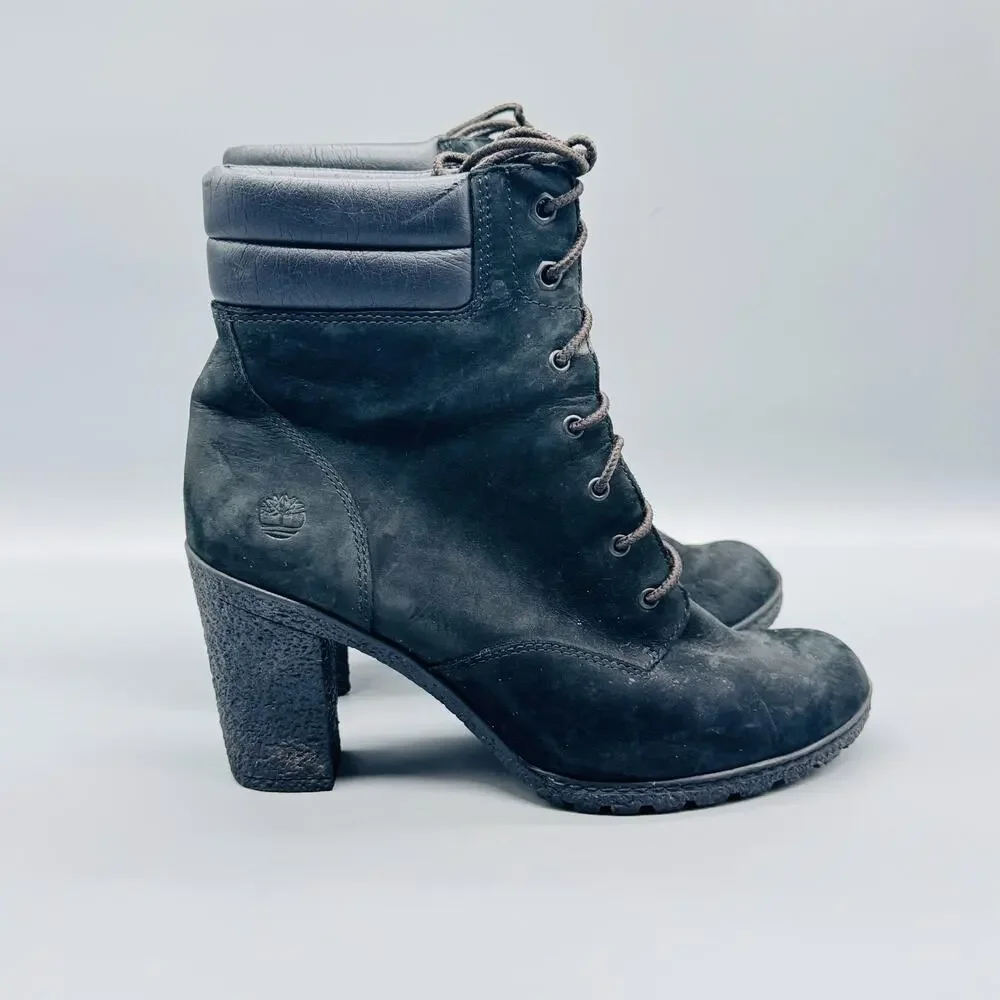 Timberland Boots Womens 9 Black Nubuck Lace Up Heel Ankle Booties Lug Sole